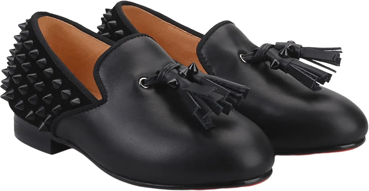 HI&HANN Toddler Boys Spiked Leather Loafers Tasseled Dress Shoes Little Kid Leather Shoes Slip On Parent-Child Loafer Flats Shoes Matching Outfits