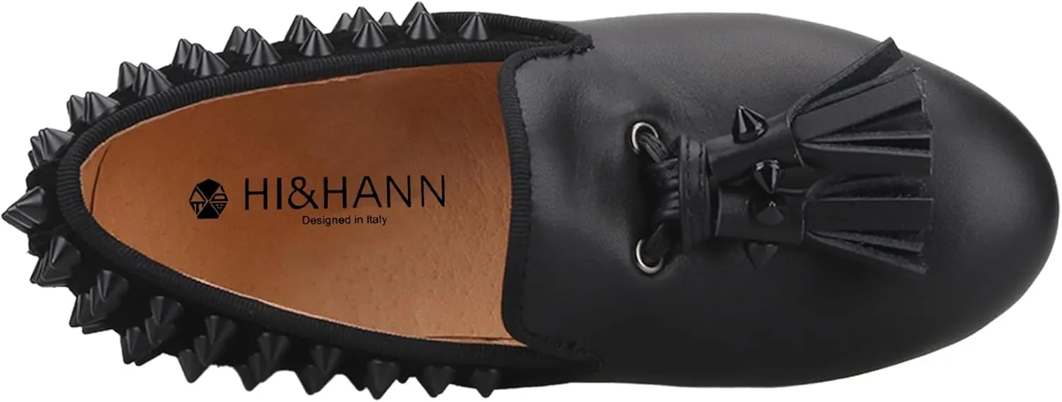 HI&HANN Toddler Boys Spiked Leather Loafers Tasseled Dress Shoes Little Kid Leather Shoes Slip On Parent-Child Loafer Flats Shoes Matching Outfits