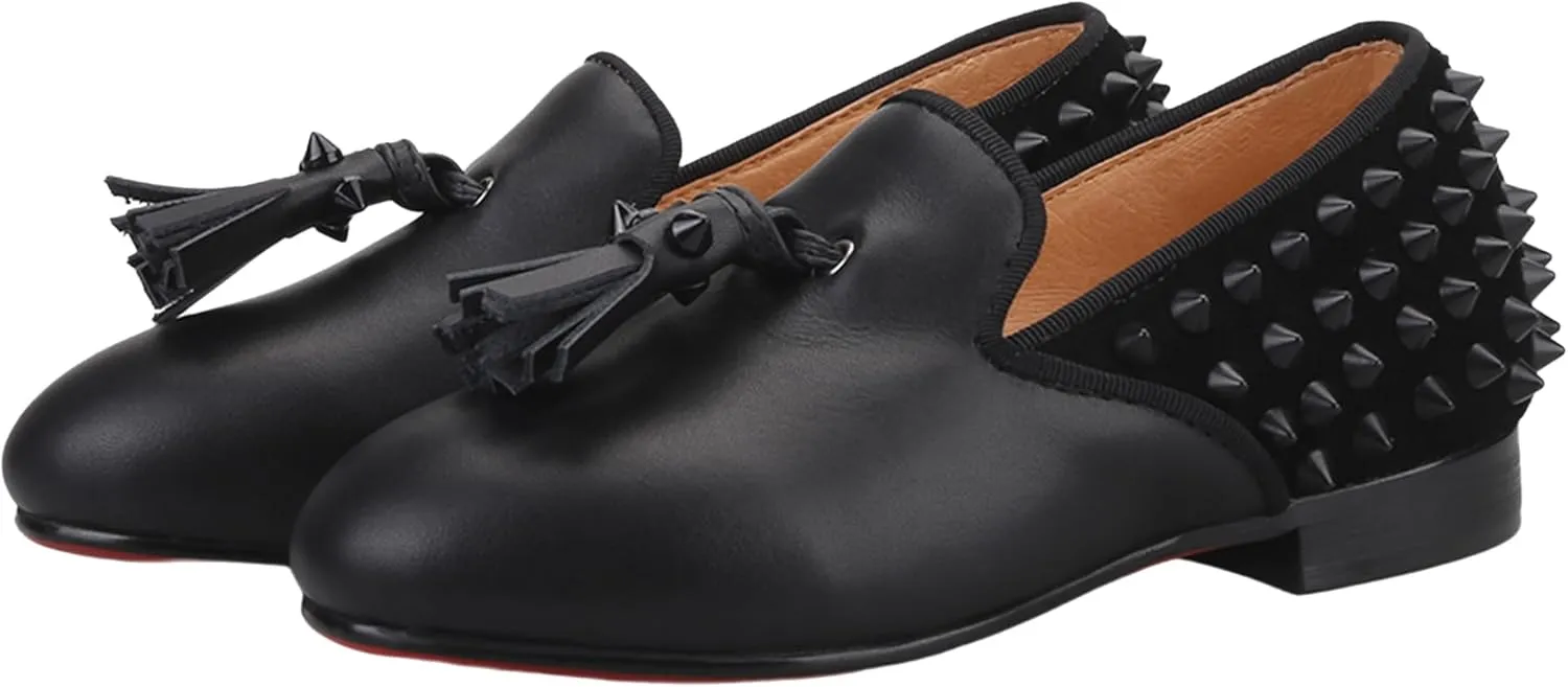 HI&HANN Toddler Boys Spiked Leather Loafers Tasseled Dress Shoes Little Kid Leather Shoes Slip On Parent-Child Loafer Flats Shoes Matching Outfits