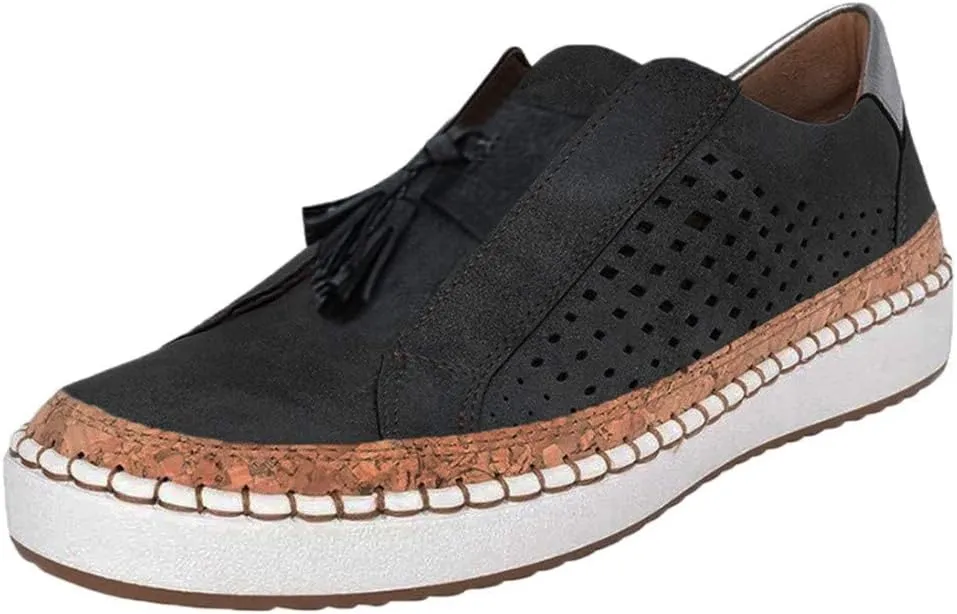 Loafers for Women Comfort Walking Shoes Womens Casual Round Toe Breathable Hollow Out Tassel Walking Beach Shoes Slip On Canvas Flats Comfy Lightweight Walking Office Outdoor Going Out Footwear