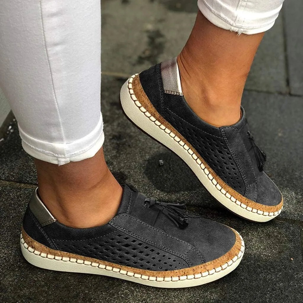 Loafers for Women Comfort Walking Shoes Womens Casual Round Toe Breathable Hollow Out Tassel Walking Beach Shoes Slip On Canvas Flats Comfy Lightweight Walking Office Outdoor Going Out Footwear